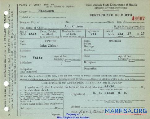 Blank USA West Virginia Department of health birth certificate sample